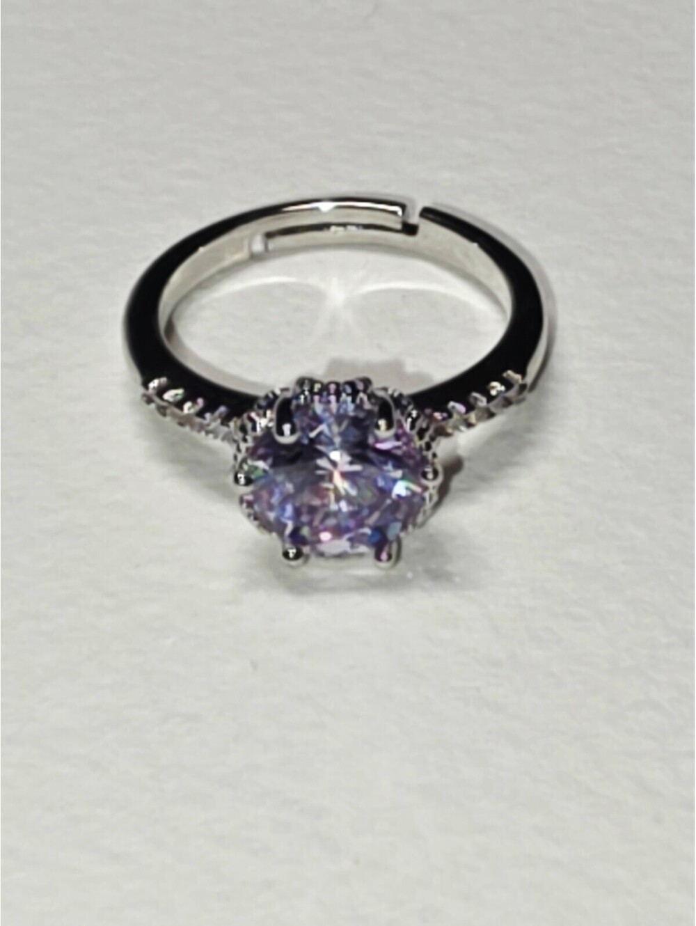 Silver Tone Adjustable Ring with Purple Oval Gemstone and Decorative Band